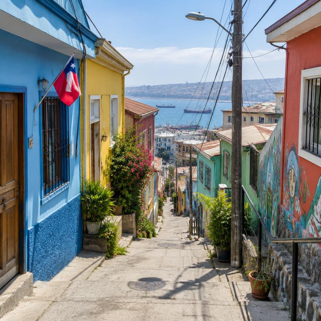 Narrow street lined with colorful painted houses