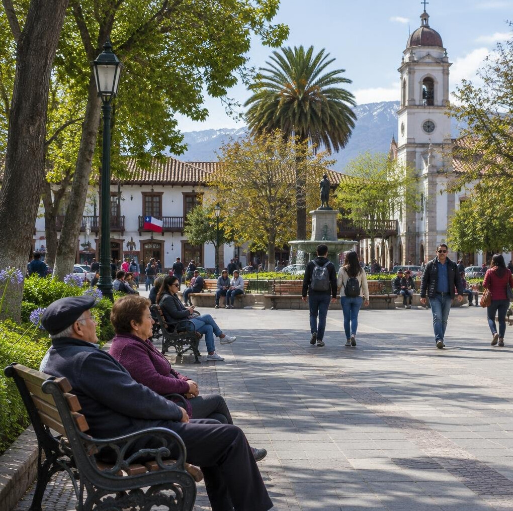 People sitting and walking in a city plaza