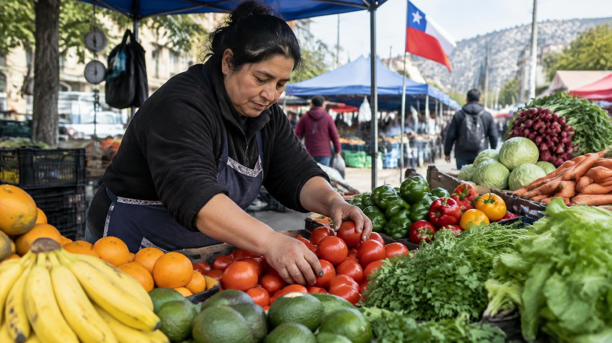Vendor arranging fresh produce at an outdoor street market